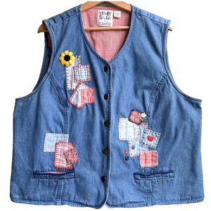 VTG 90s Denim Embroidered Patchwork Vest Gingham Plaid Flower Retro XL | 1X